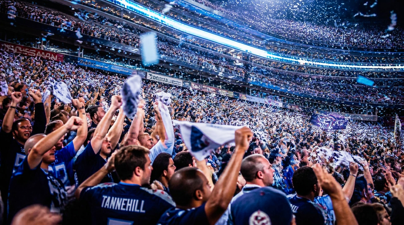 Thousands of cheering sports fans celebrating in a stadium