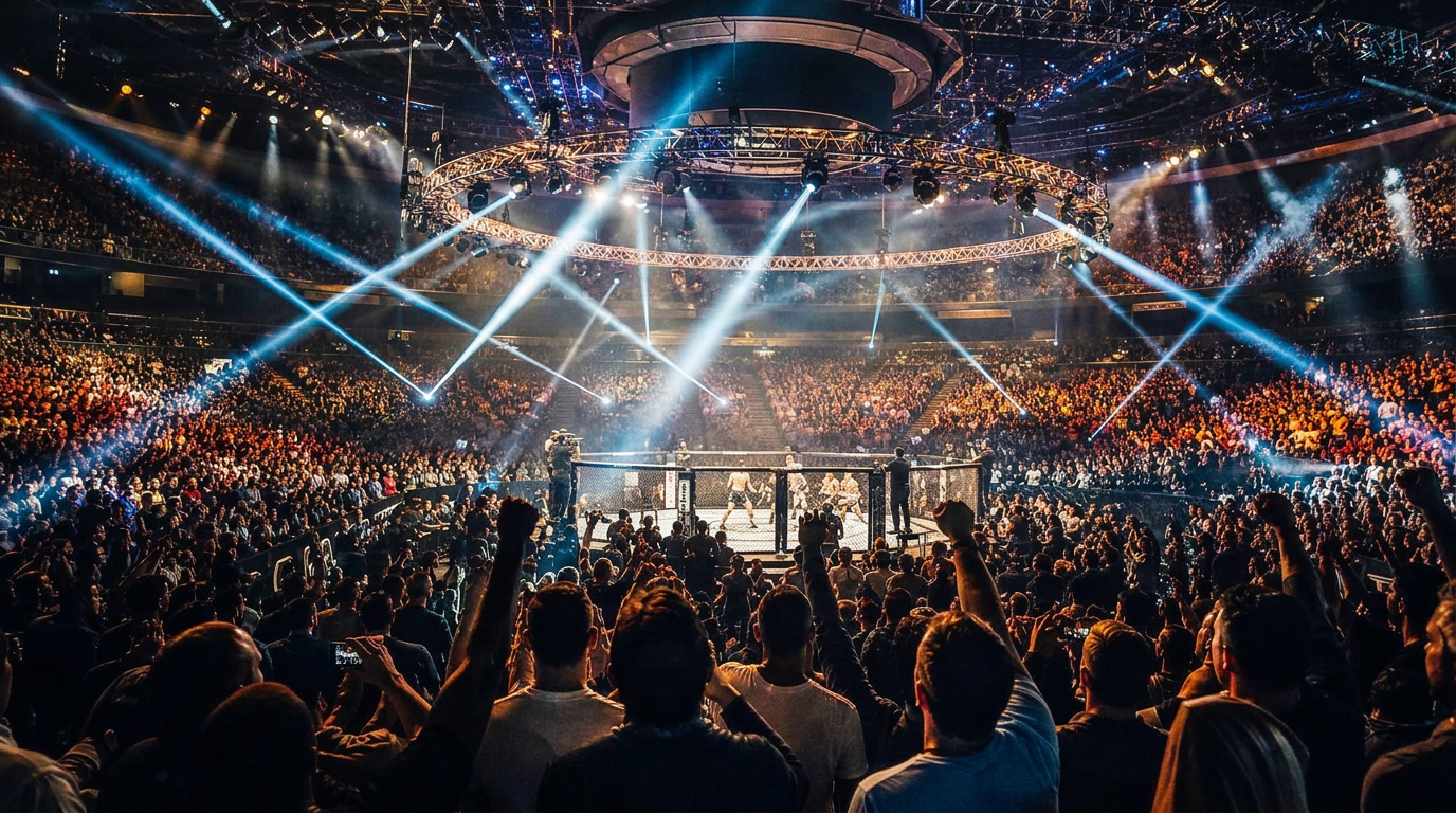 Championship MMA or boxing arena filled with a roaring crowd