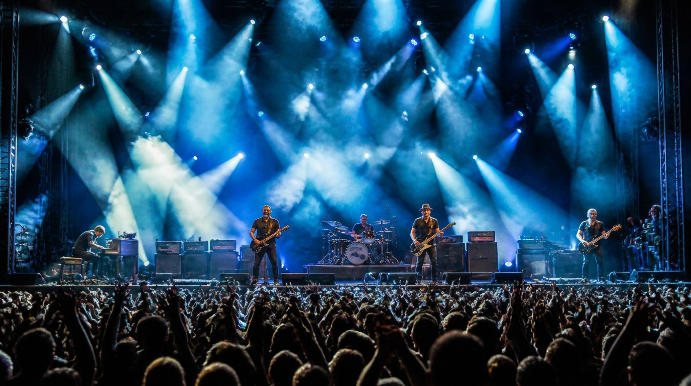 Live rock band jamming on a concert stage with a massive crowd