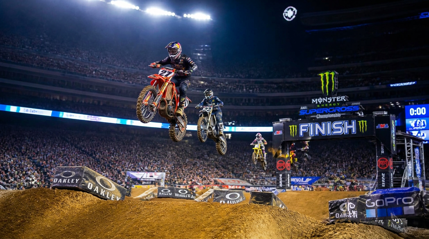 Motocross supercross bikes launching inside a packed stadium