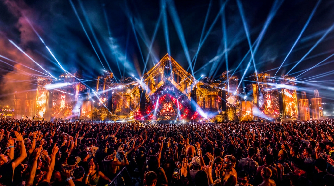 Massive music festival main stage with cheering crowd and premium lighting