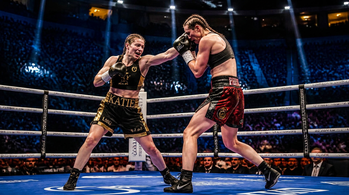 Women's championship boxing match under bright arena lights